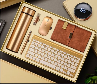 Gold digital display long cup + pen + USB flash drive + mouse + keyboard + notebook